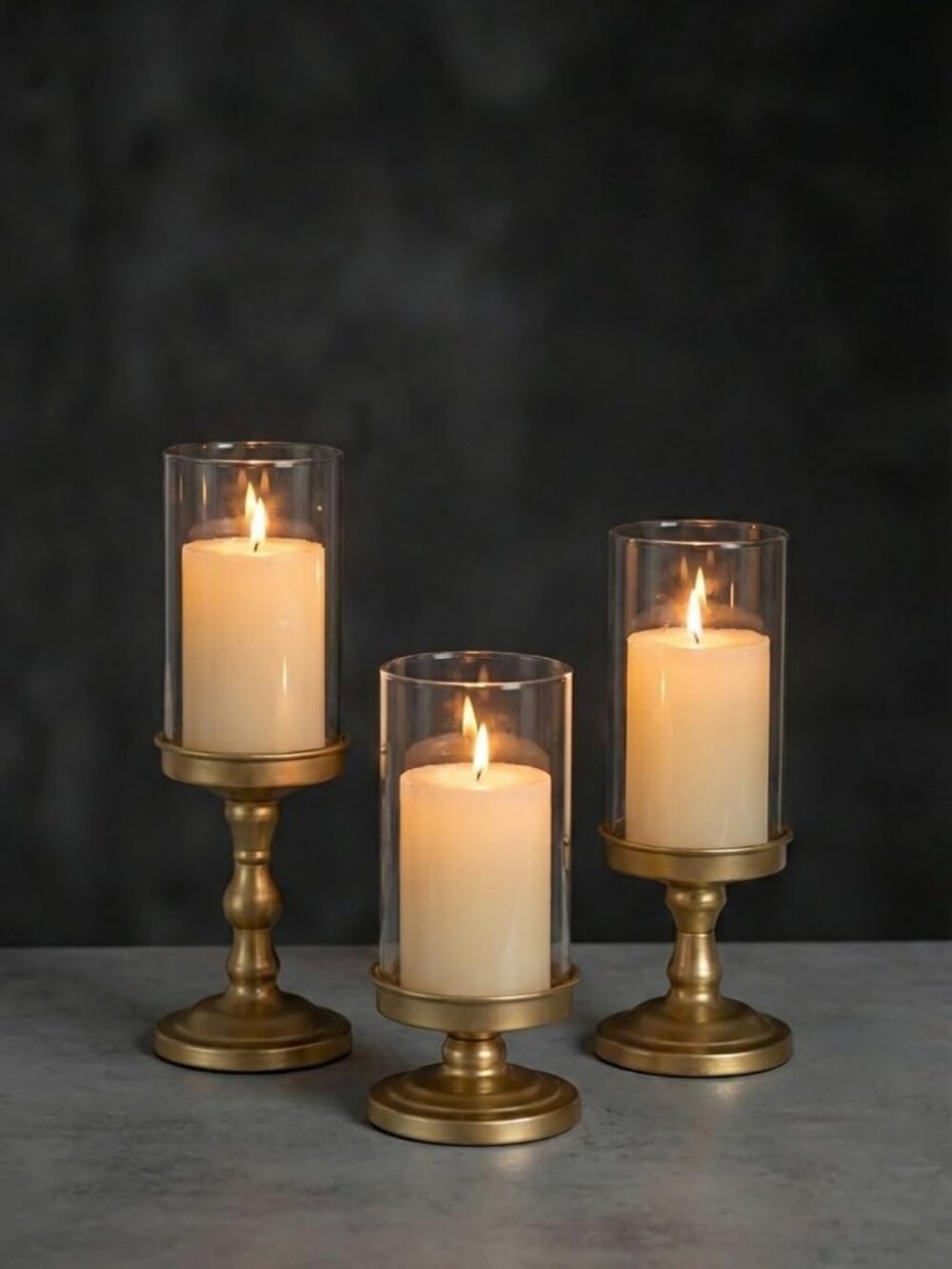 Elegant Matte Gold Hurricane Glass Candle Holders - Set of 3 for Home Decor